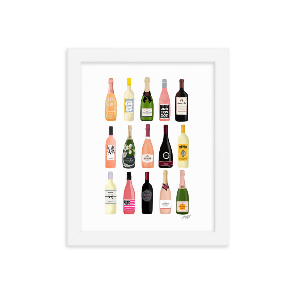 Ilustración de botellas de vino y champán - Lámina mate enmarcada